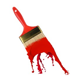 Image of Brush and splashing red paint on white background