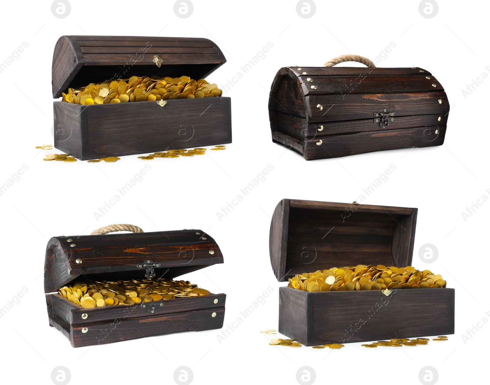 Image of Set with treasure chests full of gold coins on white background