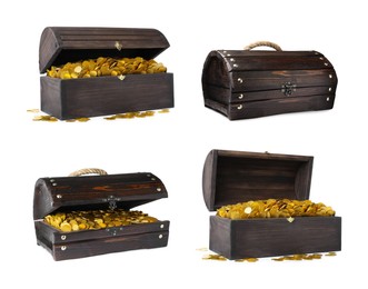 Image of Set with treasure chests full of gold coins on white background