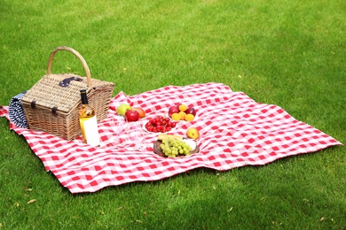 Photo of Picnic basket with products and bottle of wine on checkered blanket in garden