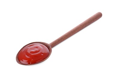 Photo of Wooden spoon with tasty fresh ketchup isolated on white
