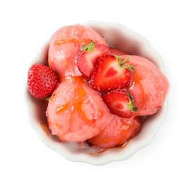 Delicious strawberry ice cream with syrup and fresh berries in dessert bowl on white background, top view