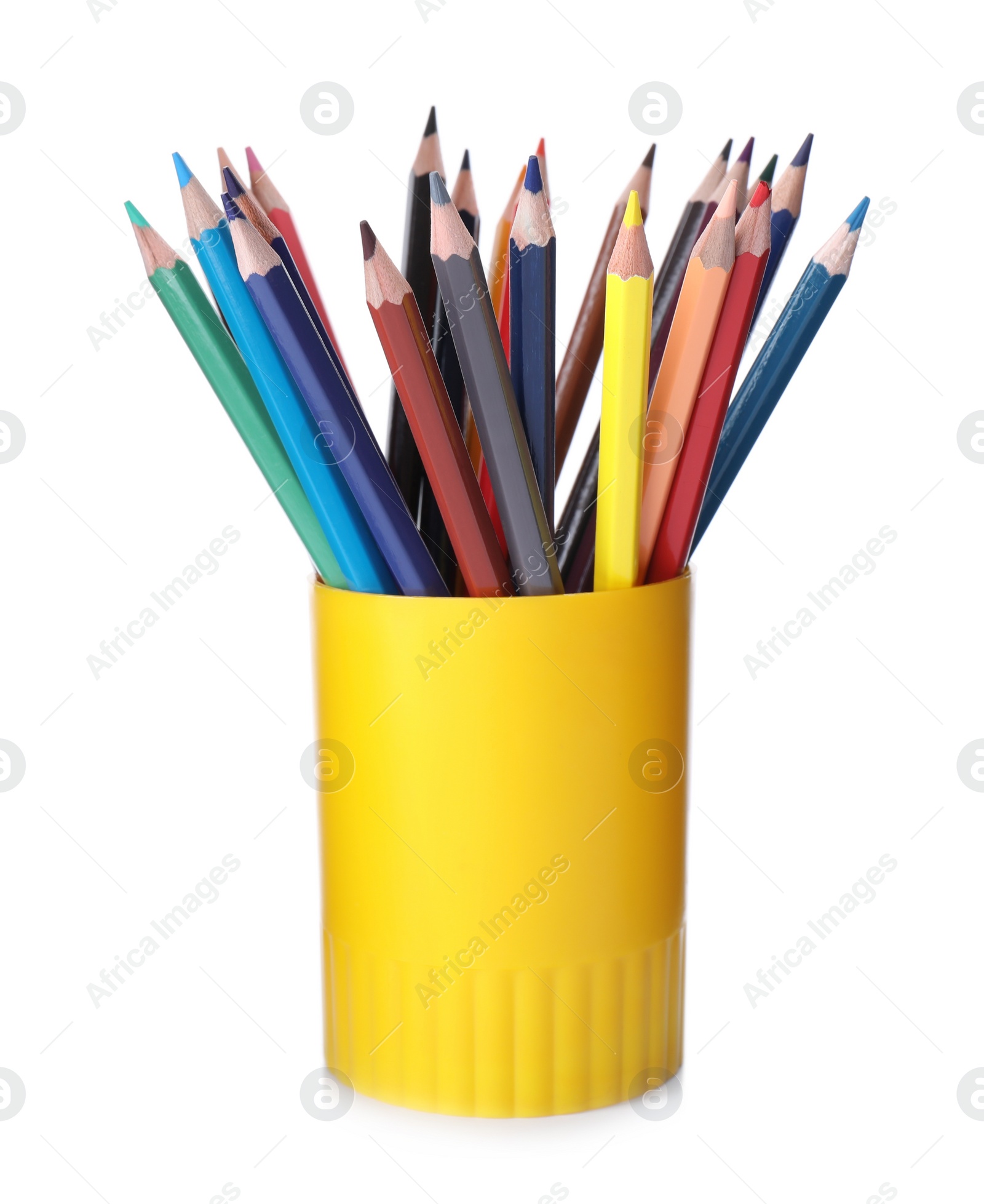 Photo of Many colorful pencils in holder isolated on white