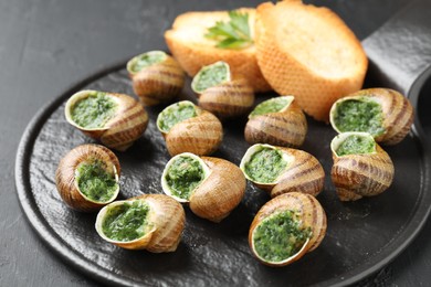 Delicious cooked snails with bread on grey table, closeup