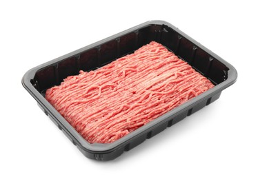 Plastic container with minced meat isolated on white