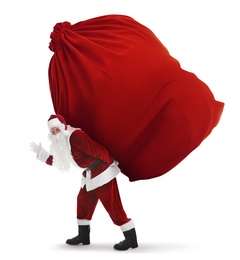 Image of Santa Claus carrying enormous red bag full of Christmas gifts on white background