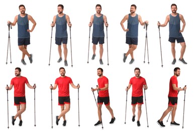 Image of Sporty man with Nordic walking poles on white background, collage with photos