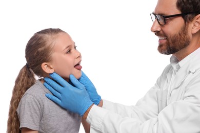 Photo of Doctor examining girl`s oral cavity on white background