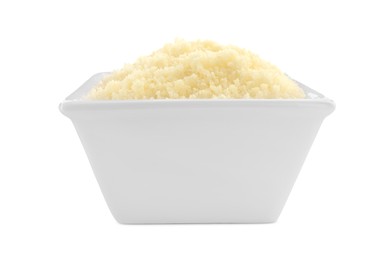 Photo of Square bowl with grated parmesan cheese isolated on white