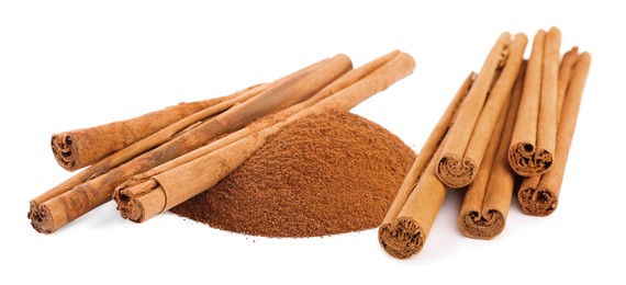 Image of Aromatic cinnamon sticks and powder on white background. Banner design