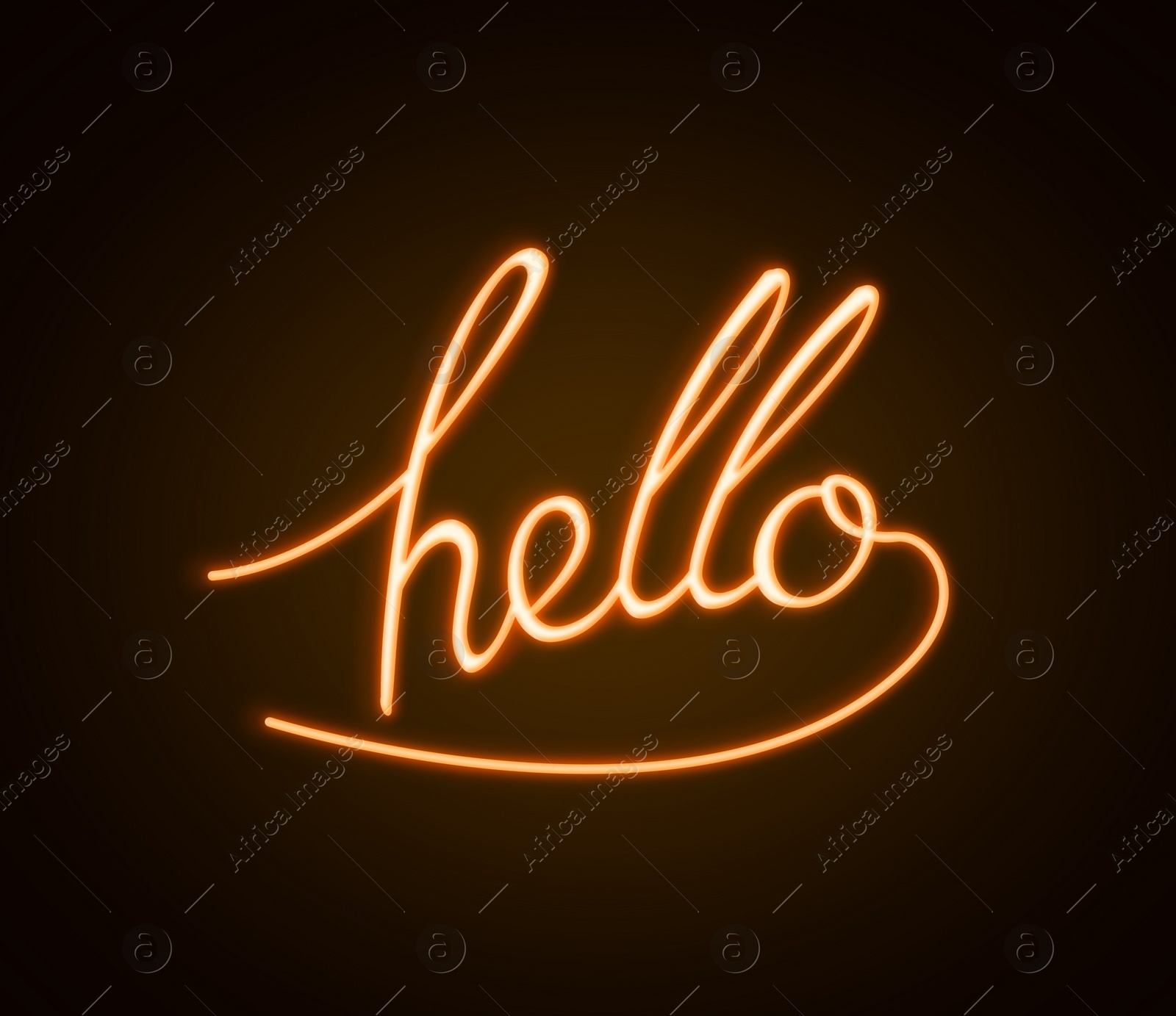 Image of Stylish neon sign with word Hello on dark background 