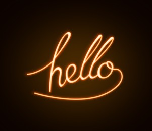 Image of Stylish neon sign with word Hello on dark background 