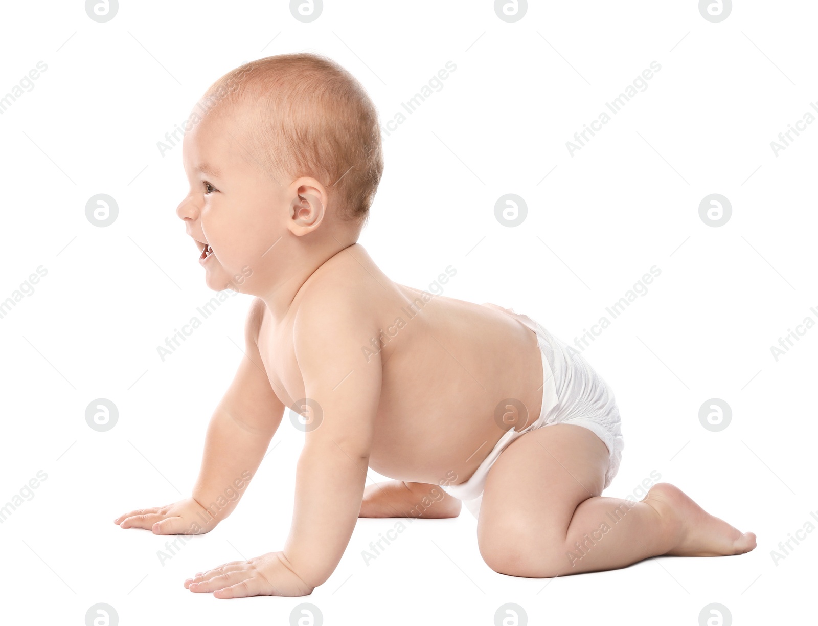 Photo of Cute little baby crawling on white background