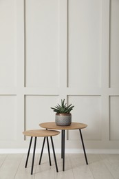 Tables with potted houseplant near empty wall indoors. Space for design