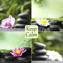 Collage with beautiful photos of stones. Zen and harmony