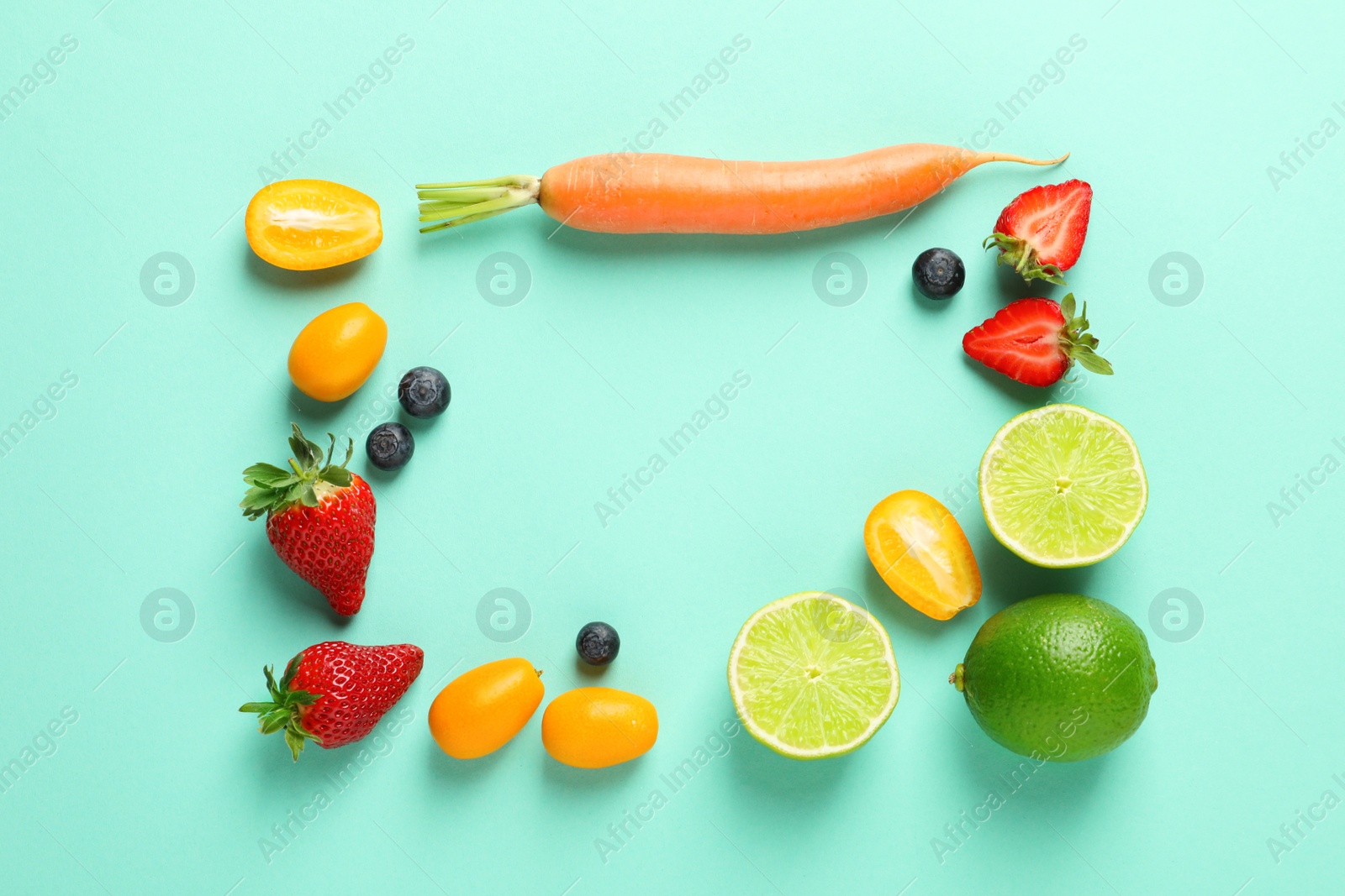 Photo of Flat lay composition with fresh berries, fruits and vegetable on color background
