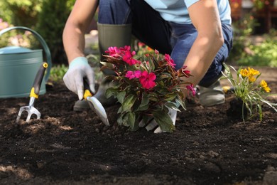 Man planting flowers outdoors, closeup. Gardening time