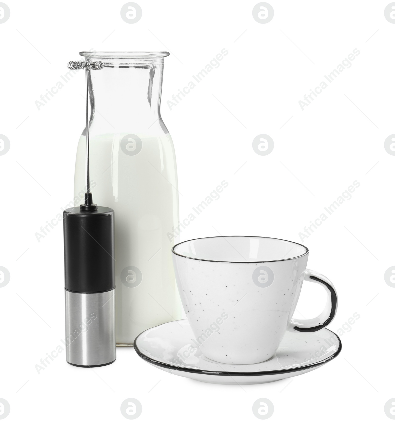 Photo of Mini mixer (milk frother), cup and bottle isolated on white