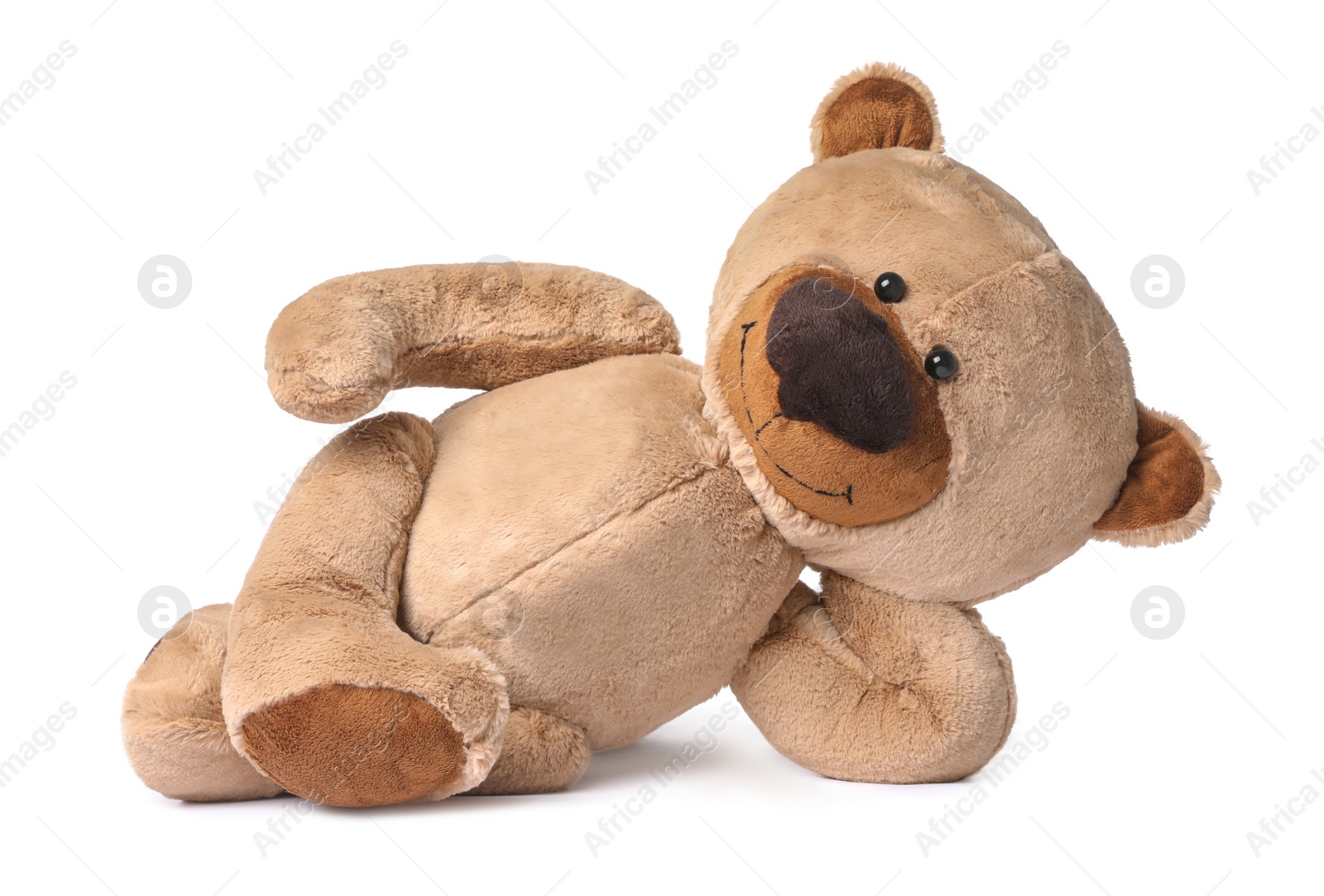 Photo of Cute teddy bear lying on white background