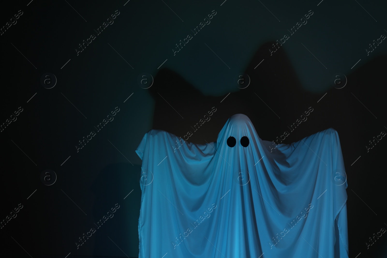 Photo of Creepy ghost. Woman covered with sheet on dark background, space for text