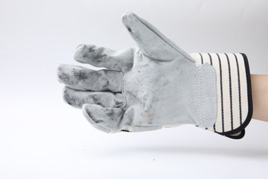 Photo of Woman in gardening glove on white background, closeup