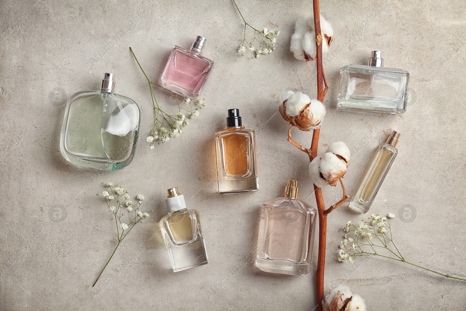 Photo of Beautiful composition with bottles of perfume on light background, flat lay