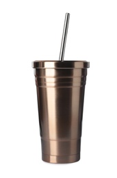 Photo of Metal coffee tumbler with straw isolated on white