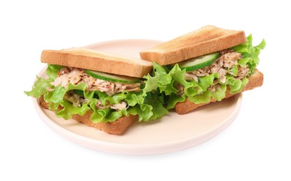 Delicious sandwiches with tuna, lettuce leaves and cucumber on white background