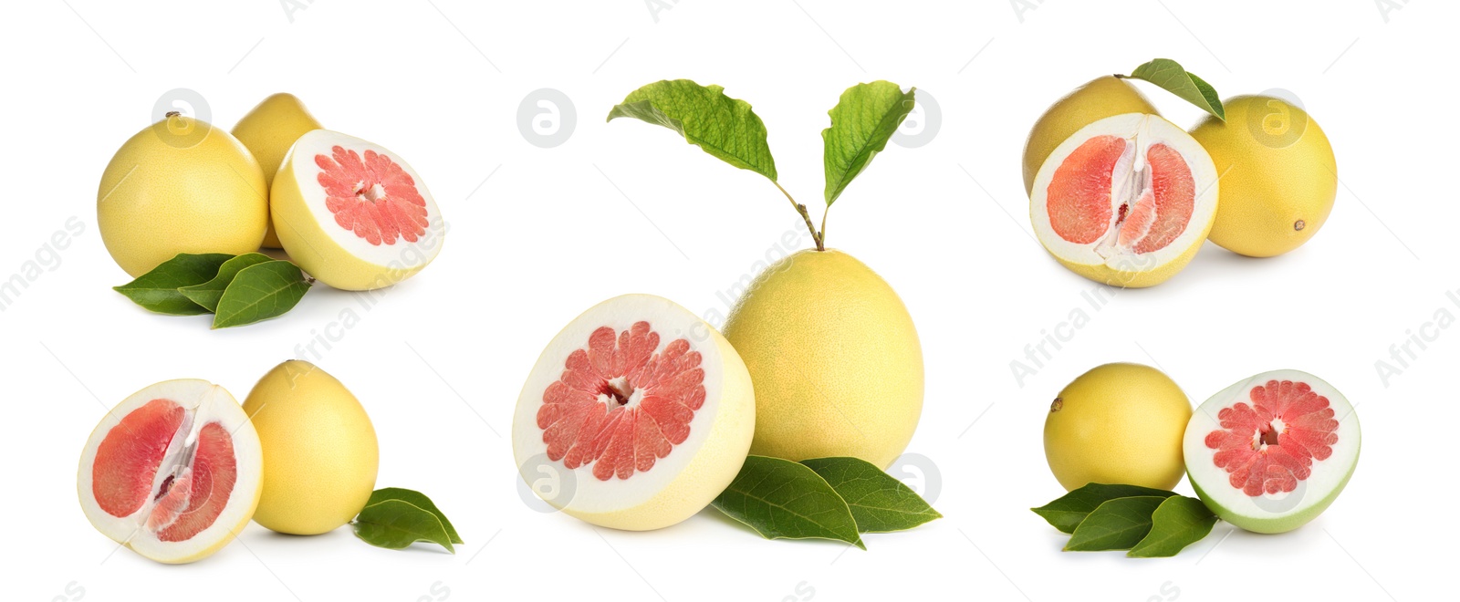 Image of Collage with fresh pomelo fruits on white background