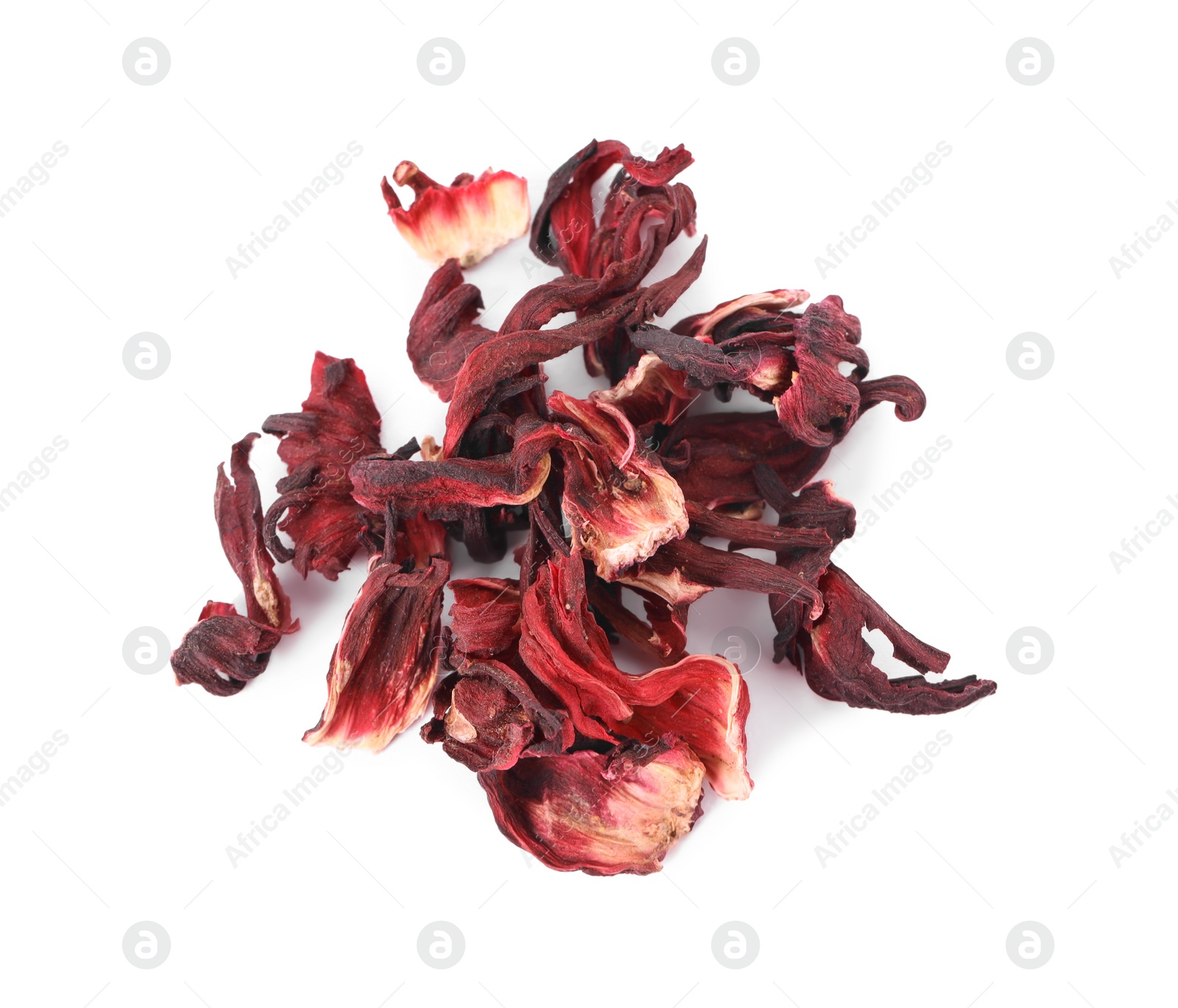 Photo of Pile of dry hibiscus tea isolated on white, top view