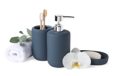 Photo of Bath accessories. Set of different personal care products, eucalyptus leaves and flower isolated on white