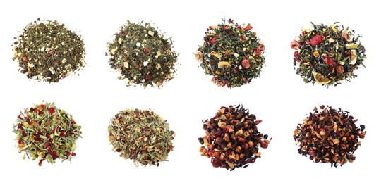 Image of Set with aromatic herbal tea on white background, top view. Banner design