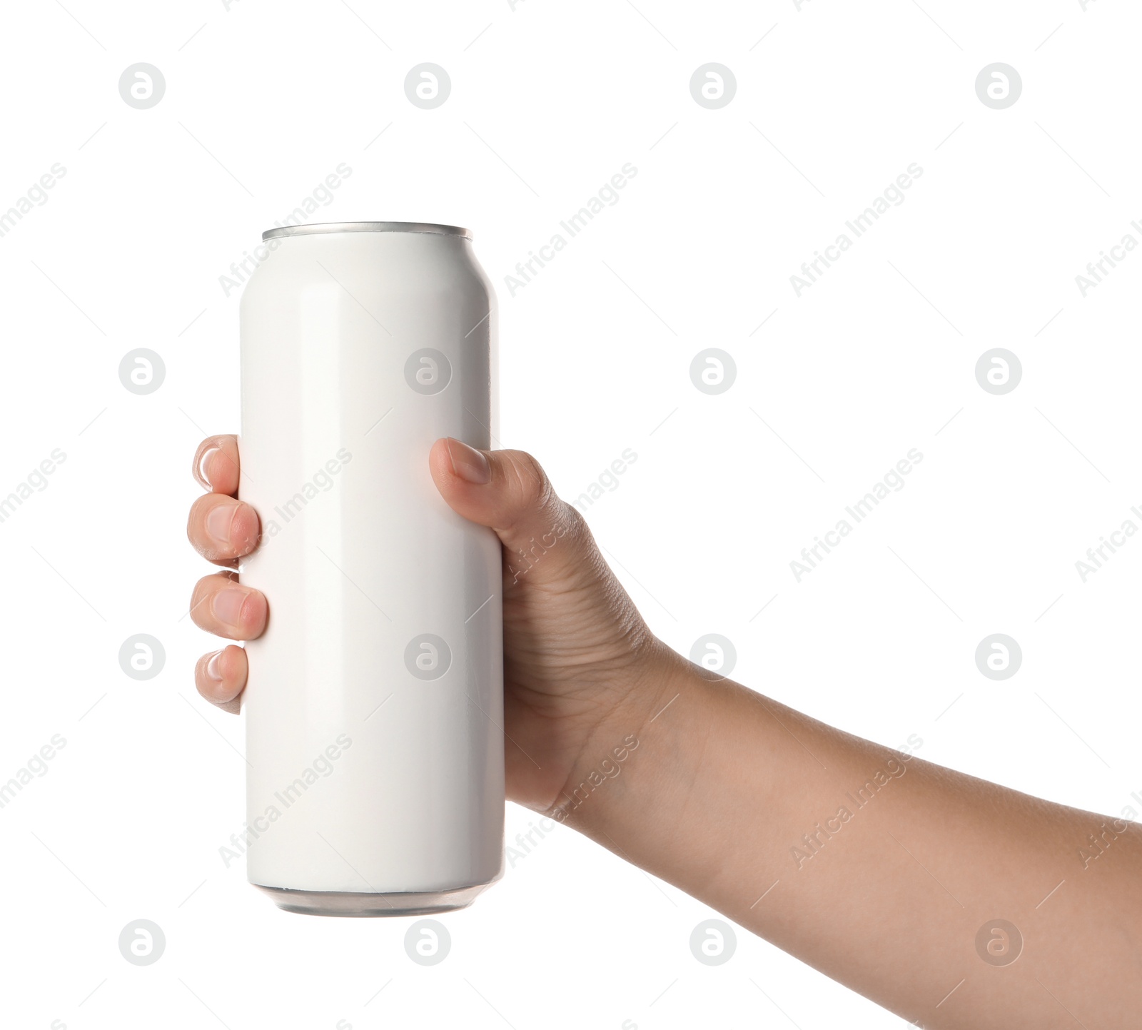 Photo of Woman holding aluminum can on white background, closeup