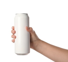 Woman holding aluminum can on white background, closeup