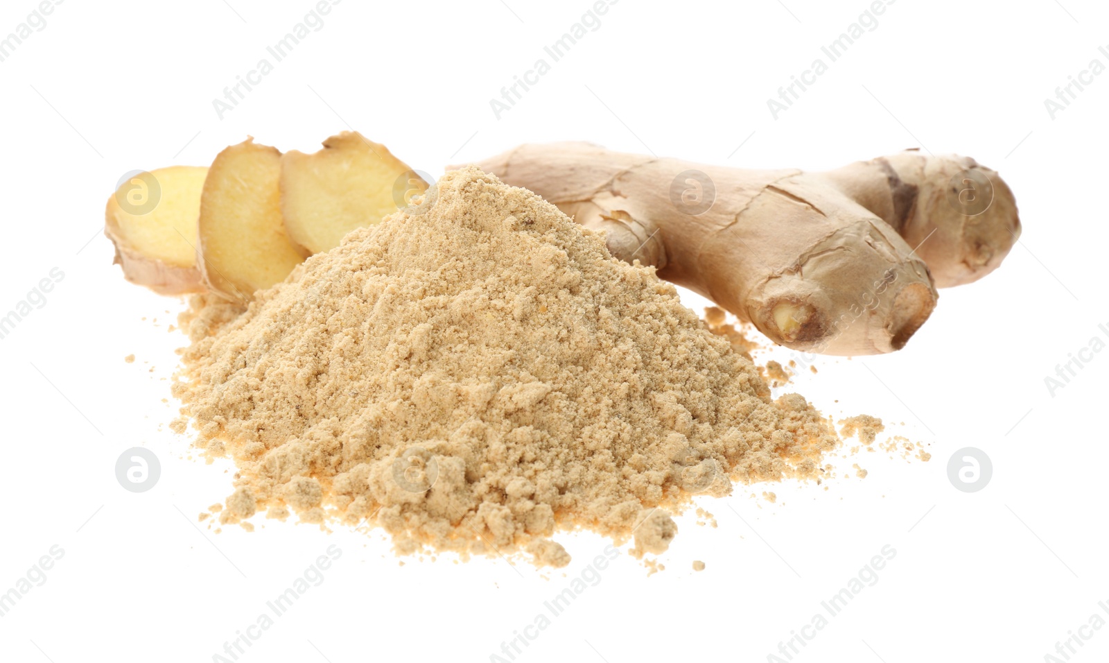 Photo of Dry ginger powder and fresh root isolated on white