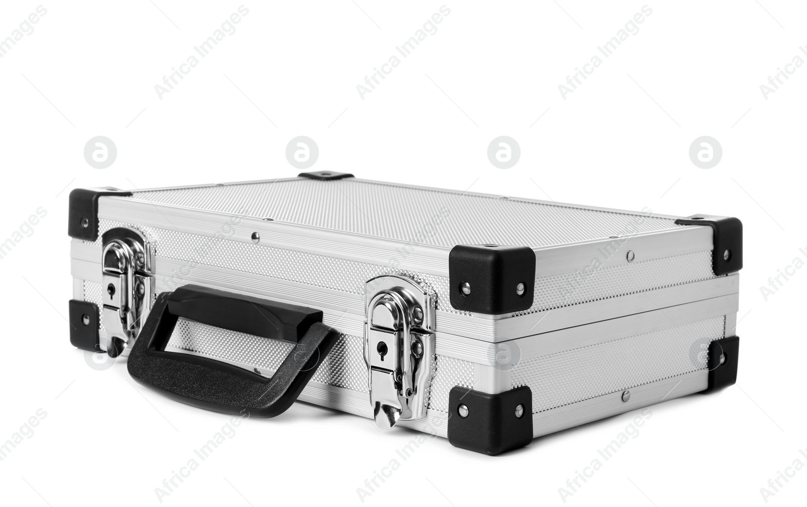 Photo of Stylish aluminum hard case on white background