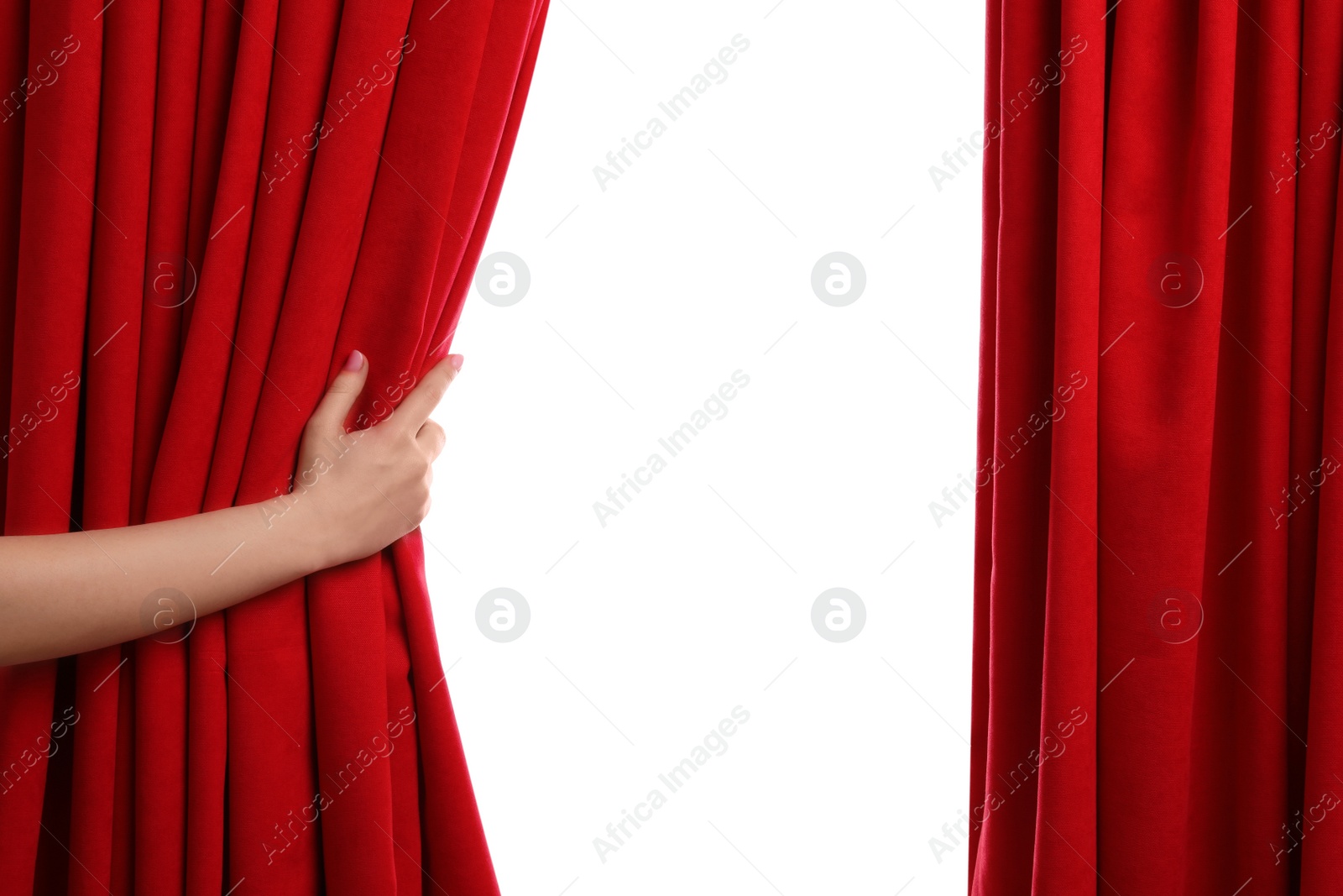 Photo of Woman opening red front curtains on white background, closeup