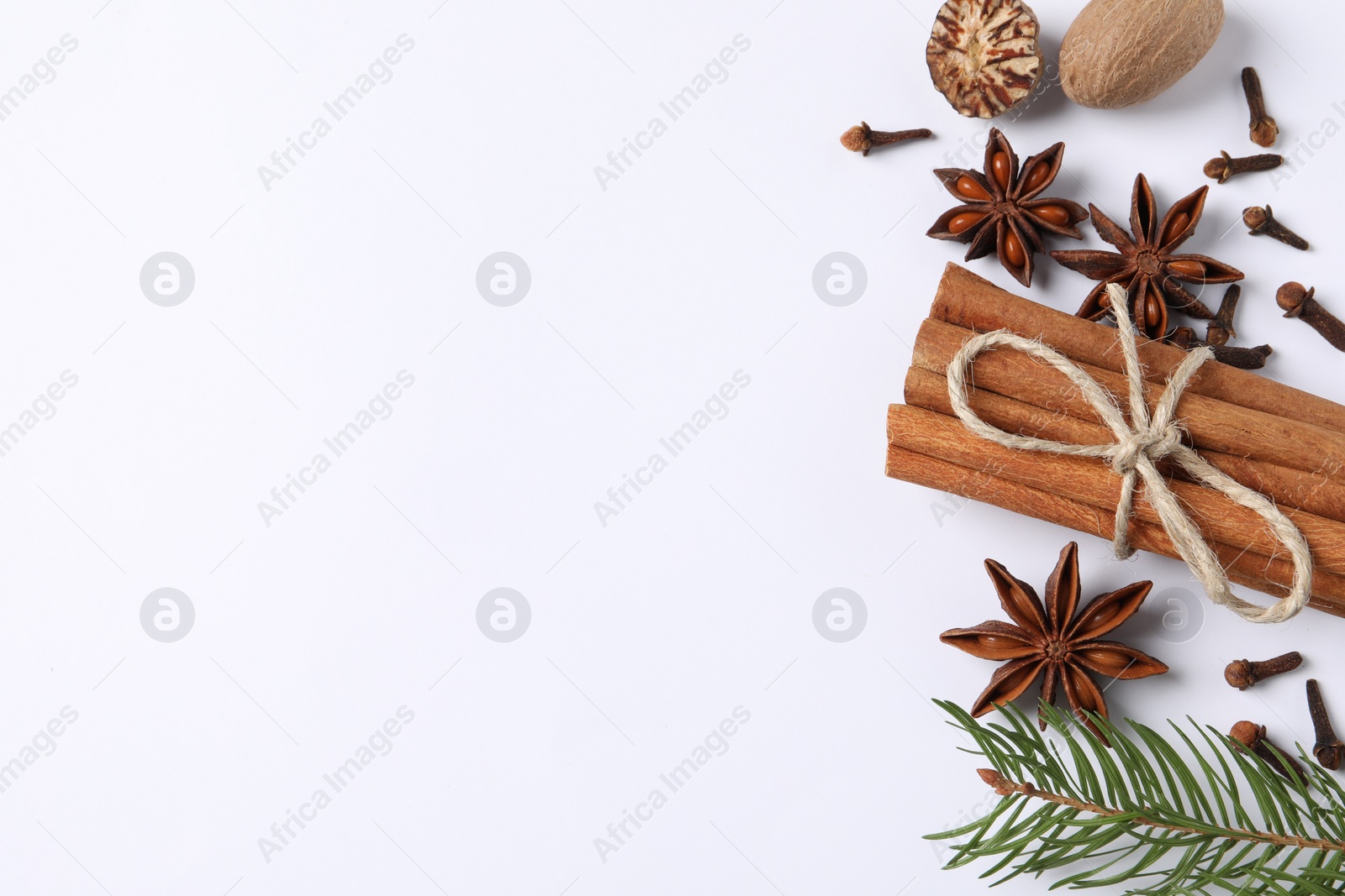 Photo of Different spices, nuts and fir branch on white background, flat lay. Space for text