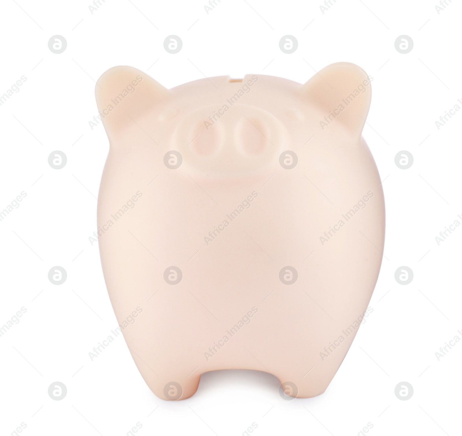 Photo of Cute beige piggy bank on white background