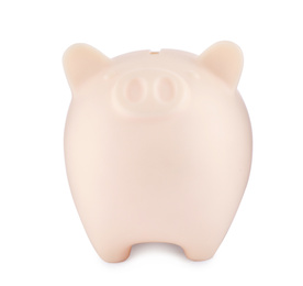 Cute beige piggy bank on white background