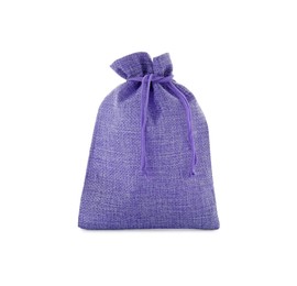 Photo of One violet burlap bag isolated on white