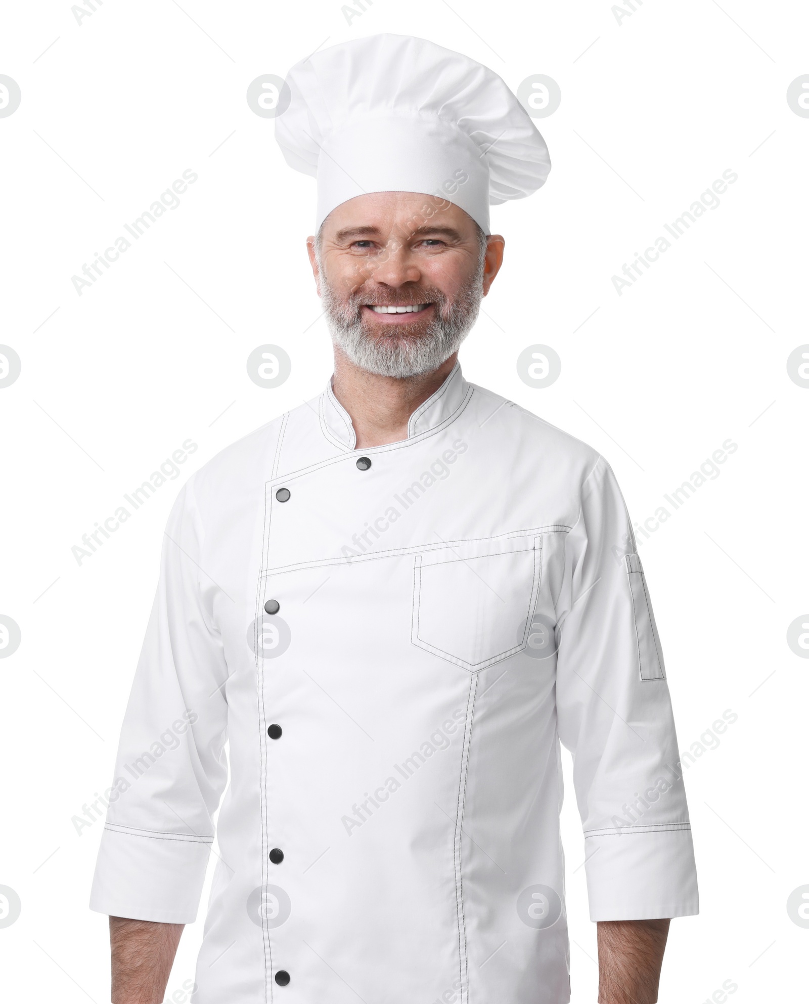 Photo of Happy chef in uniform on white background