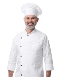 Photo of Happy chef in uniform on white background