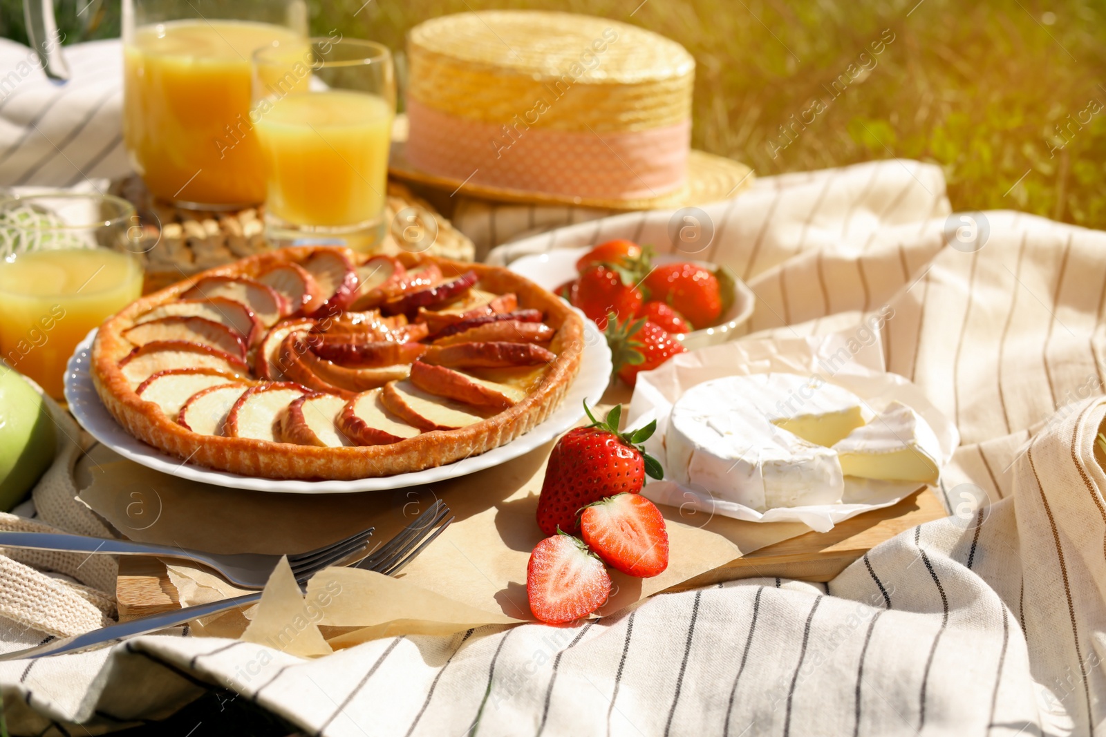 Photo of Blanket with different products outdoors. Summer picnic