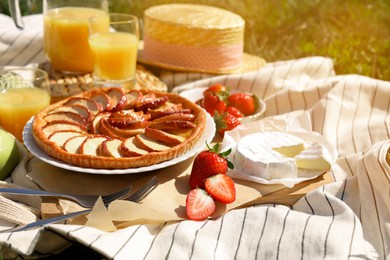 Blanket with different products outdoors. Summer picnic