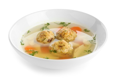 Bowl of Jewish matzoh balls soup isolated on white