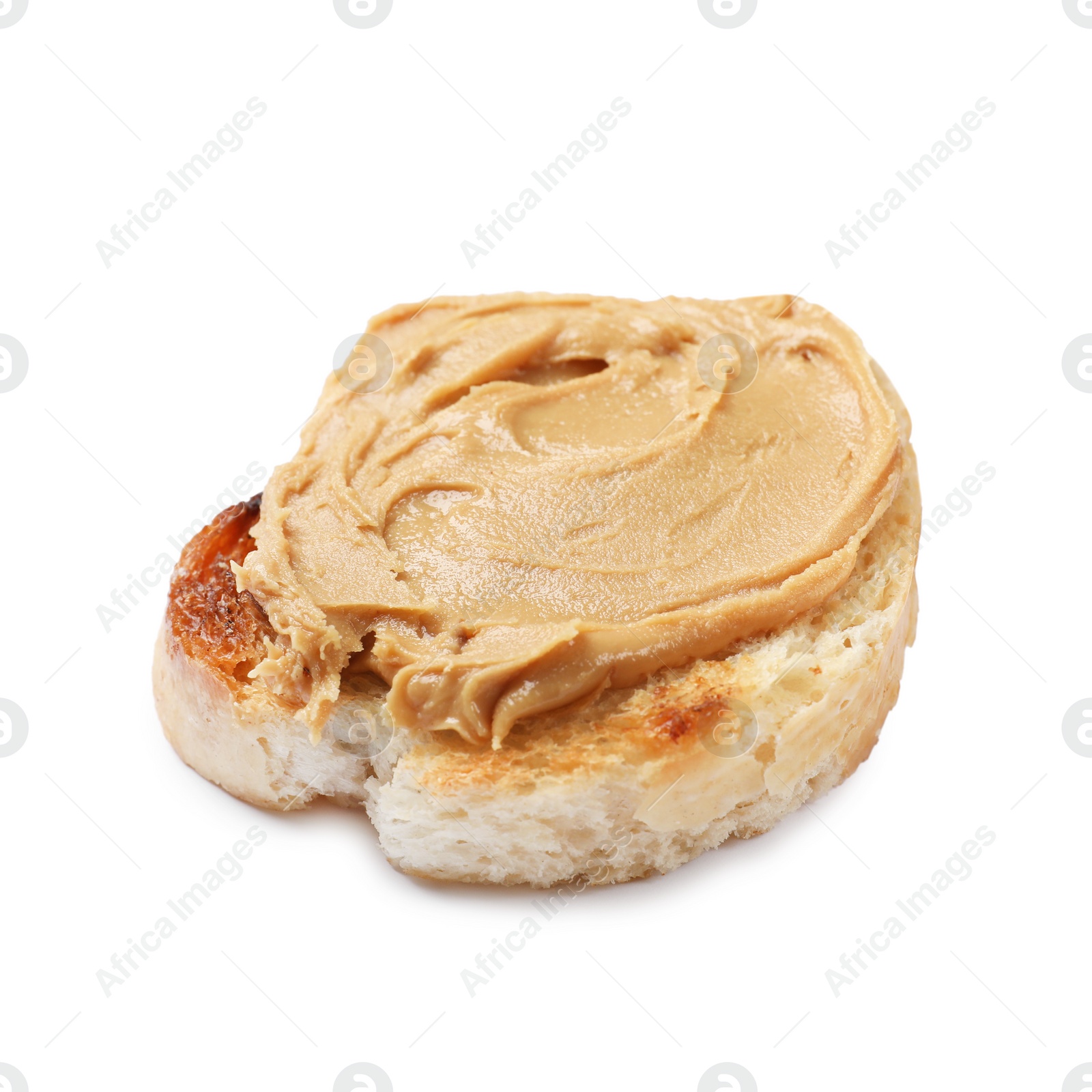 Photo of Piece of toasted bread with peanut butter isolated on white