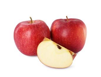 Photo of Whole and cut apples on white background