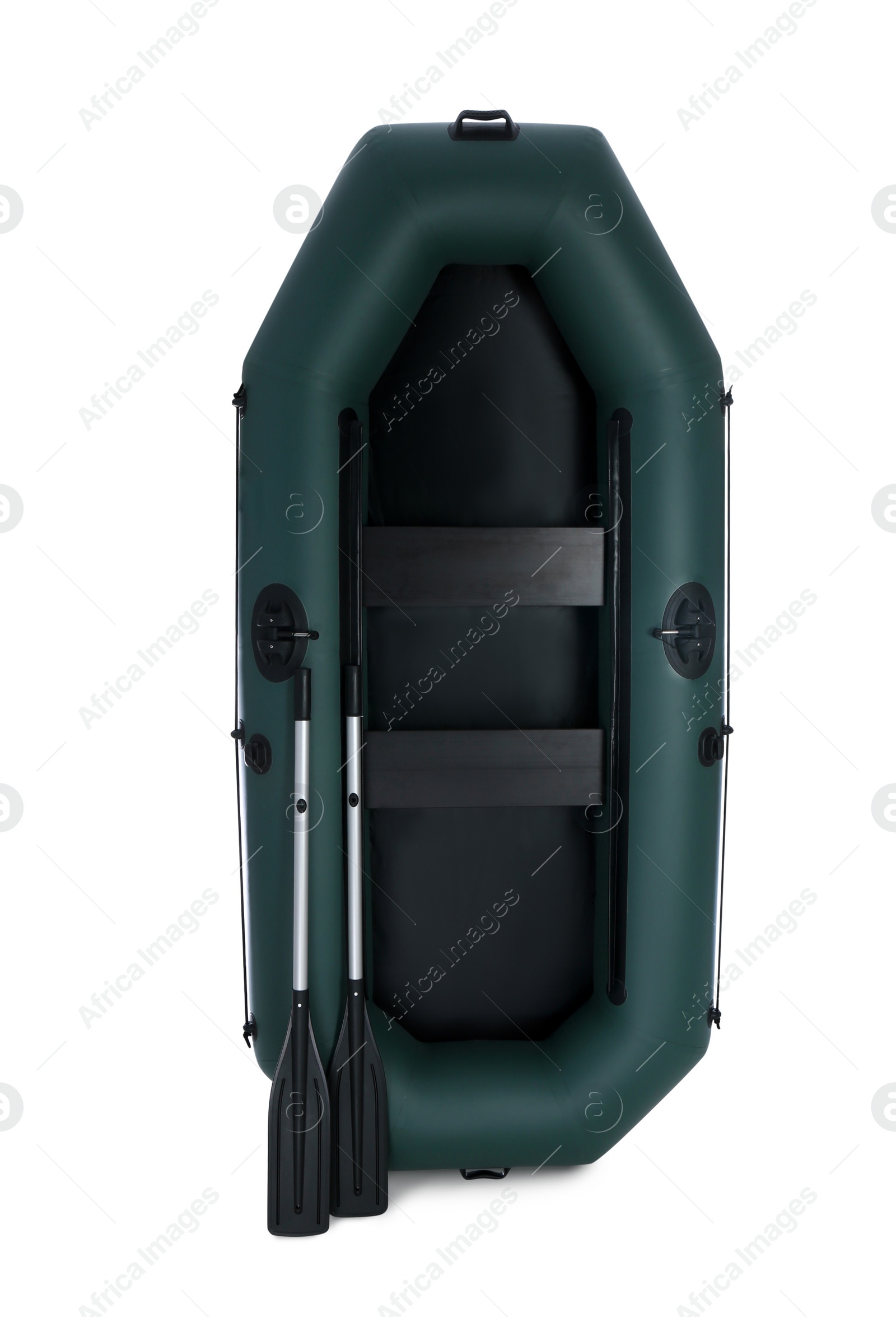 Photo of Inflatable rubber fishing boat with aluminium oars and seats isolated on white