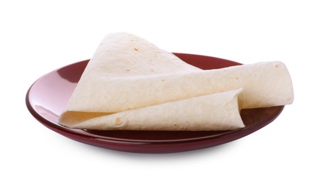 Plate with delicious Armenian lavash on white background